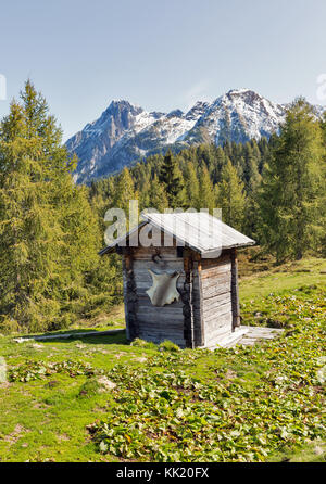 Alte hölzerne Hirte wc auf einem Hochland Weide mit alpinen Landschaft im westlichen Kärnten, Österreich. Stockfoto