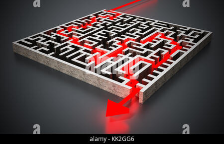 Roter Pfeil erfolgreich navigieren durch das Labyrinth. 3D-Darstellung. Stockfoto