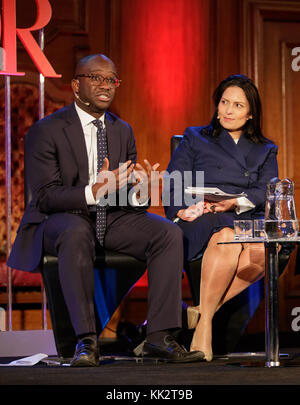 Konservative Abgeordnete Sam Gyimah und Priti Patel während einer Podiumsdiskussion für die Spectator Zeitschrift am Emmanuel Centre, London Stockfoto