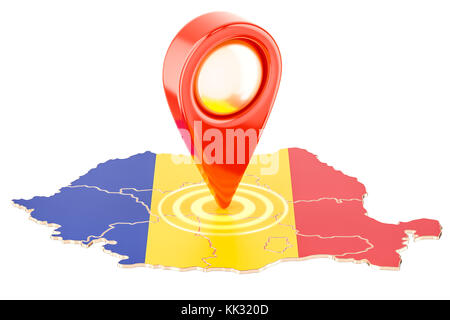 Kartenzeiger auf der Karte von Rumänien, 3D-Rendering auf weißem Hintergrund Stockfoto