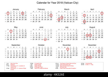 Kalender des Jahres 2018 mit Feiertagen und Feiertagen für Vatikan Stockfoto