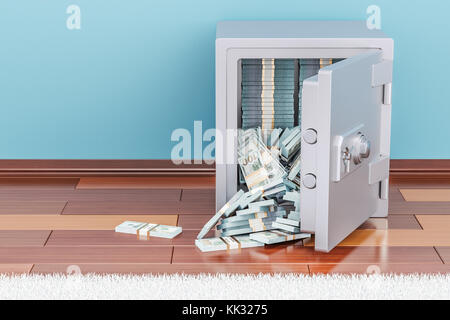 Safe voller Dollar packs Indoor, 3D-Rendering Stockfoto