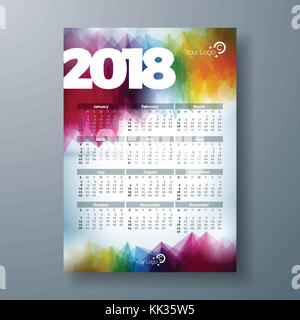 Vektor Kalender 2018 Vorlage Abbildung mit weiße Zahl auf abstrakten bunten Hintergrund. Woche am Sonntag beginnt. Stock Vektor
