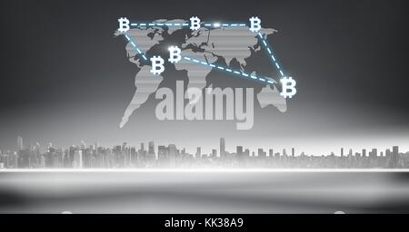 Digital composite von bitcoin grafische Symbole auf der Karte über die Stadt Stockfoto