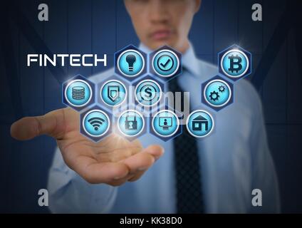 Digital composite der Geschäftsmann mit Händen palm öffnen und Fintech mit verschiedenen Business Icons Stockfoto