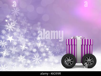 Digital composite von Geschenkbox auf Rädern und Schneeflocke Weihnachten Muster Stockfoto