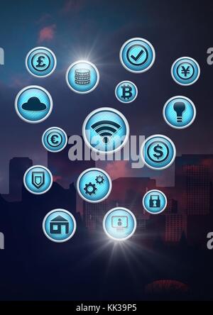 Digital composite verschiedener Business Icons mit Stadt Stockfoto