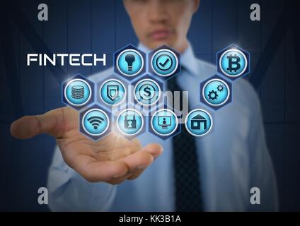 Digital composite der Geschäftsmann mit Händen palm öffnen und Fintech mit verschiedenen Business Icons Stockfoto