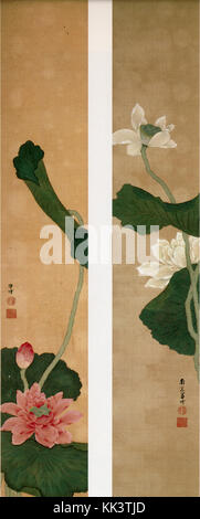 Roter und weißer Lotus Kakutei Gepaart hängenden blättert Farbe auf Seide Stockfoto