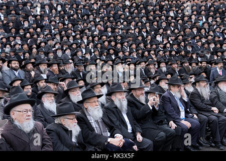 Eine große Gruppe von Chabad Lubawitsch Rabbiner bedeuten für die jährliche Gruppenfoto auf der Sitzung der Emissäre in Crown Heights, Brooklyn, New York. Stockfoto