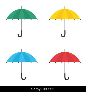 Satz von Sonnenschirmen. Gelb, Grün, Rot und Blau Schirme. Vektor Flachbild-Symbol Stock Vektor