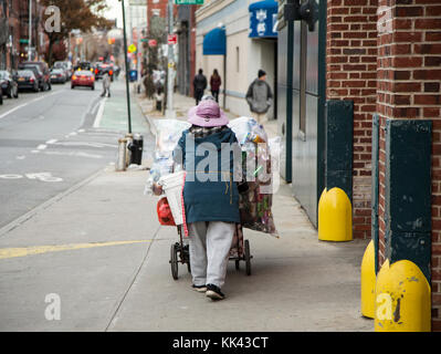 Eine Frau treibt einen Wagen voller Flaschen und Dosen zu einem Recyclinghof in der Carroll gardens Nachbarschaft von Brooklyn, New York Stockfoto