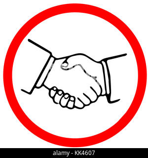 Handshaking Vereinbarung Konzept Warnung Vorsicht Kreis Schild auf weißem Hintergrund. Stockfoto