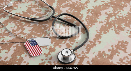 Usa Armee Konzept. amerikanische Flagge Identifikation Dog Tags und Stethoskop auf digitalen Camouflage fabric. 3D-Darstellung Stockfoto