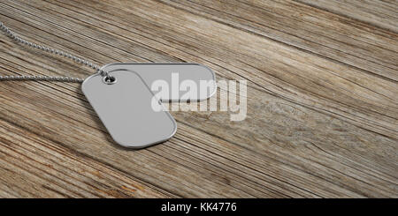 Militärisches Konzept, leer Identifizierung Dog Tags auf Holz- Hintergrund. 3D-Darstellung Stockfoto