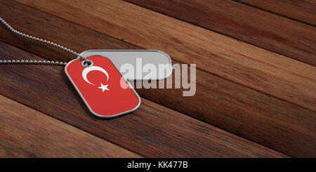 Türkei Armee Konzept, Türkei Flagge Identifikation Dog Tags auf Holz- Hintergrund. 3D-Darstellung Stockfoto