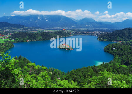 Luftbild des Bleder See, Alpen, Slowenien, Europa. Mountain Lake See. Insel mit Kirche in Bleder See. Sommer Landschaft. Schloss und die Berge in Bac Stockfoto