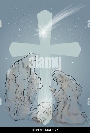 Baby Jesus. Krippe symbolische Szene mit Maria und Josef Stock Vektor