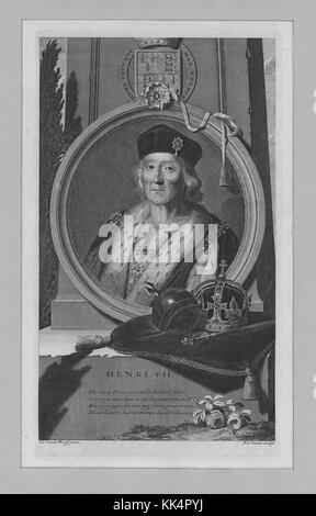 Das gravierte Porträt von Heinrich VII von England, König von England, regierte das Fürstentum Wales und Lord von Irland von seiner Krone am 22. August 1485 bis zu seinem Tod am 21. April 1509 als erster Monarch des Hauses Tudor, dargestellt in königlicher Kleidung, Seine Krone und sein Zepter liegen auf einem Kissen im Vordergrund, England, 1800. Aus der New York Public Library. Stockfoto