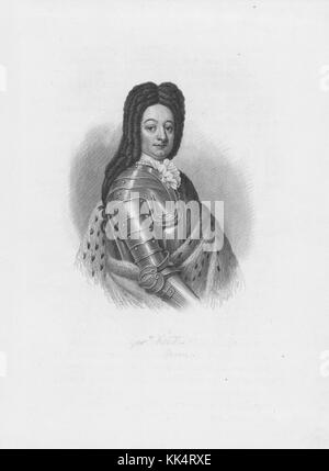 Ein Stich aus einem Porträt von Sir William Keith, er diente als kolonialer Gouverneur von Pennsylvania von 1717 bis 1726, er ist am besten bekannt für seine Ermutigung von Benjamin Franklin, ein Druckunternehmen in Philadelphia im Alter von 17 zu starten, Allerdings hat er nie Franklin mit der Unterstützung der versprochen, er endete damit, seine Familie in Pennsylvania zu verlassen, um Gläubiger zu fliehen, Pennsylvania, 1750. Aus der New York Public Library. Stockfoto