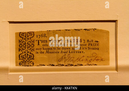 Ein lotterielos von George Washington befürwortet im Museum auf dem Mount Vernon Estate, Alexandria, Virginia, USA. Stockfoto