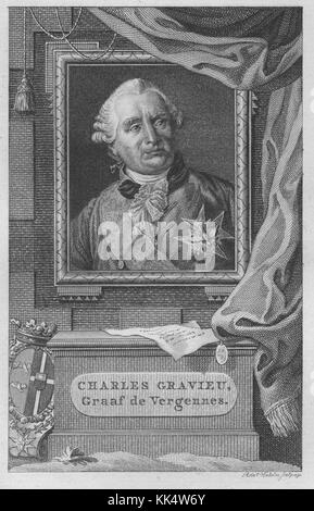 Ein Stich aus einem Gemälde von Charles Gravier, comte de Vergennes, war er ein französischer Politiker und Diplomat, er vertrat die französische Regierung in Portugal, Deutschland und dem Osmanischen Reich vor seiner Unterstützung der Kolonien während des amerikanischen Revolutionskrieges, Er war von dem Wunsch getrieben, Großbritanniens Macht in der ganzen Welt nach ihren Siegen im Siebenjährigen Krieg zu verringern, seine Unterstützung der Amerikaner im Krieg führte wahrscheinlich zu der finanziellen Belastung, die ein wichtiger Faktor für die Französische Revolution von 1789, Deutschland, 1800 war. Aus der New York Public Library. Stockfoto