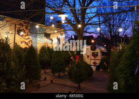 Der Lincoln Square kleinen Nachbarschaft Weihnachtsbaum viele hat, die Bewohner der nördlichen Seite Chicago Nachbarschaft für viele Jahre. Stockfoto