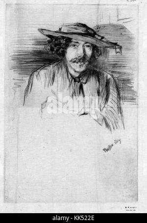 Ein illustriertes Selbstporträt von James Abbott McNeill Whistler, er war ein amerikanischer Künstler, der im 19. Jahrhundert aktiv war, er war ein lautstarker Befürworter der Bewegung "Kunst um der Kunst willen", die an den intrinsischen Wert der Kunst glaubt, ohne Sentimentalität oder moralische Anspielung zu benötigen. er ist bekannt für sein Gemälde Whistler’s Mother (1859). Aus der New York Public Library. Stockfoto