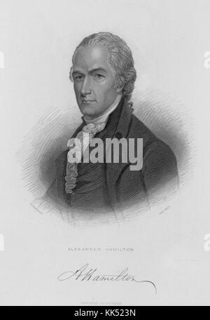 Graviert Portrait von Alexander Hamilton, einer der Gründungsväter der Vereinigten Staaten, Leiter Personal Berater von General George Washington, der Gründer des Finanzsystems der Nation, der Gründer der Föderalistischen Partei, der Vater der United States Coast Guard, und der Gründer der New York Post, seine Unterschrift an der Unterseite, 1900 dargestellt. Von der New York Public Library. Stockfoto