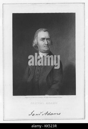 Graviertes Porträt von Samuel Adams, amerikanischem Staatsmann, politischer Philosoph und einer der Gründungsväter der Vereinigten Staaten, seine Unterschrift unten abgebildet, 1839. Aus der New York Public Library. Stockfoto