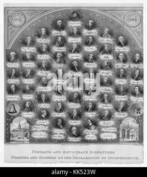 Lithografie mit den Porträts aller Unterzeichner der Unabhängigkeitserklärung, mit dem Titel „Portraits and Autograph Signatures of the Framers and Signers of the Independence“, herausgegeben von Centennial Portrait and Autograph Company, Philadelphia, Pennsylvania, 1874. Aus der New York Public Library. Stockfoto