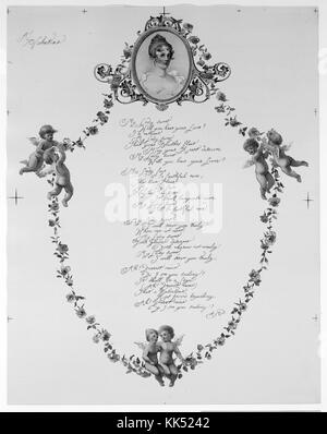 Ein Valentinstag mit Blumengirlande, Engel, Portrait einer Frau in Messingrahmen, ein Liebesgedicht, Siegel mit zwei küssenden Vögeln, veröffentlicht von L Prang and Company, 1900. Aus der New York Public Library. Stockfoto