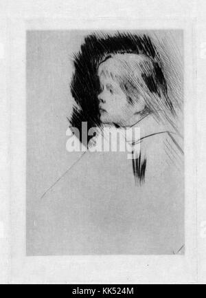 Drypoint (Technik, mit der ein Bild in eine Platte eingeschnitten wird) Porträt von Catherine Cassatt als junges Mädchen, von ihrer Mutter Mary Cassatt, 1882. Aus der New York Public Library. Stockfoto