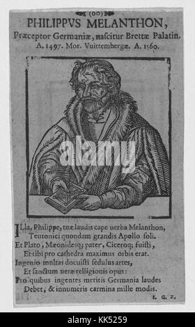 Holzschnitt-Porträt von Philip Melanchthon, deutscher Reformer, Kollaborateur mit Martin Luther, dem ersten systematischen Theologen der protestantischen Reformation, intellektuellem Führer der lutherischen Reformation und einflussreichen Konstrukteur von Bildungssystemen, 1900. Aus der New York Public Library. Stockfoto