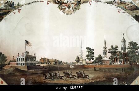 Chromolithograph Darstellung einer Gruppe von Männern reiten Pferde, Regierung, Gebäude, Häuser und Kirche im Hintergrund, mit dem Titel 'Blick auf einen öffentlichen Platz, Atlanta, Georgia", Kunst von Nathan B Abt, von Henry C Eno, Atlanta, Georgia, 1864 gedruckt. Von der New York Public Library. Stockfoto