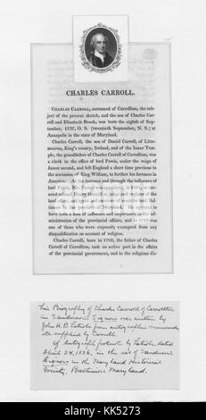 Porträt von Charles Carroll von Carrollton, einem wohlhabenden Pflanzer in Maryland und frühen Verfechter der amerikanischen Unabhängigkeit, mit erklärendem Text und handschriftlicher Notiz, 1860. Aus der New York Public Library. Stockfoto