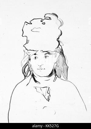Eine Lithographie von einem Porträt von Berthe Morisot, sie war ein französischer Maler, war Mitglied der Gruppe von Künstlern, die kamen, wie die Impressionisten, die ursprünglichen gemalten Porträt von Edouard Manet gemacht wurde, der später diese minimalistische Lithographie, die weitestgehend auf ihre silhouette Konzentrate sind bekannt, Morisot war zu Manets bruder, 1871 verheiratet. Von der New York Public Library. Stockfoto