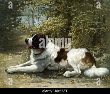 Farbdruck eines Bernhardiner im Wald mit dem Titel „Kay“, Kunst von Elizabeth Strong, veröffentlicht von L Prang and Company, 1900. Aus der New York Public Library. Stockfoto