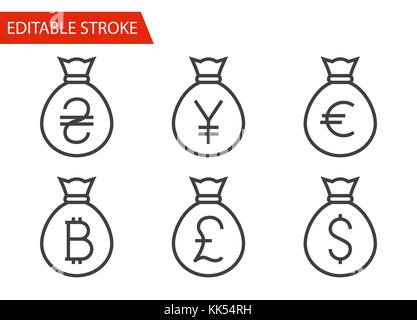 Beutel mit Geld Icons einstellen. Dünne Linie Vektor Illustration - Hub Gewicht einstellen - Erweitern zu jeder Größe - Einfache Farbe ändern - Editierbare Anschlag Stock Vektor