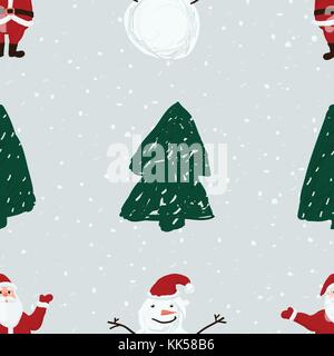 Nahtlose Muster mit Santa, Schneemänner, Schneeflocken und Weihnachtsbäume. Weihnachten und Winter Urlaub Elemente Hintergrund. Hand gezeichnet Vektor Textur. Stock Vektor