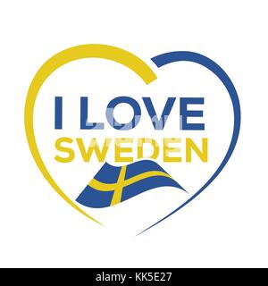 Ich liebe Schweden mit Umrisse des Herzens und die schwedische Flagge, Icon Design, auf weißem Hintergrund. Stock Vektor