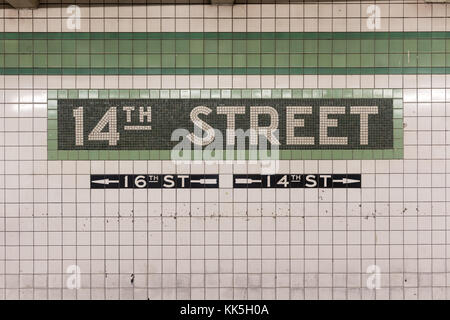 New York City - 30. Juli 2016: 14th Street U-Bahn Station in New York. Die U-Bahn-Station am 15. Dezember 1940 eröffnet. Stockfoto