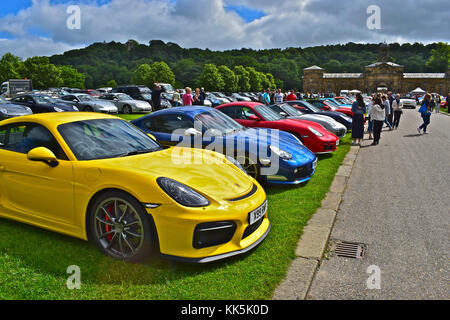 Eine bunte Palette von exotischen Sportwagen im Porsche Besitzer' Club Treffen in Chatsworth House im Sommer 2017. Stockfoto