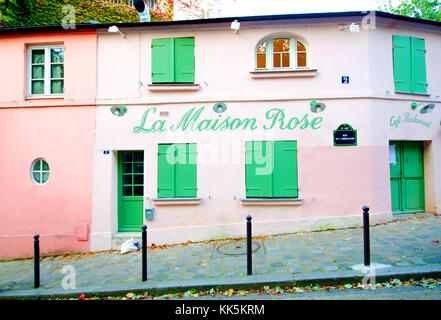 Paris, Frankreich. Montmartre. La Maison Rose, Restaurant, Rue de l'Abreuvoir 2 Stockfoto