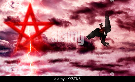 Pentagramm über den Roten bewölkten Himmel und das Rote Meer mit Daemon - 3D-Rendering Stockfoto