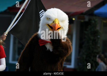 Ein Adler Maskottchen führt die Rocky Mountain Adler Luftlandedivision Prozession während des Colorado Springs Veterans Day Parade in Colorado Springs, Colorado, November 4, 2017. Die Veranstaltung geehrt militärischen Service Mitglieder, sowohl den aktiven Dienst und im Ruhestand. (U.S. Air Force Foto von Airman 1st Class William Tracy) Stockfoto