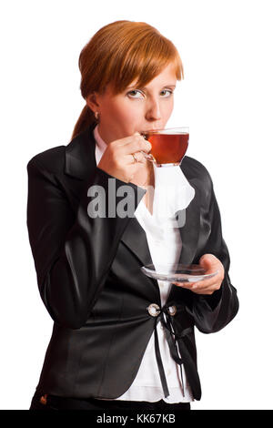 Young Business Frau mit Teepause auf Weiß isoliert Stockfoto