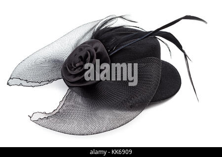 Schwarz Antik Damen hut mit blume auf weißem Hintergrund Stockfoto