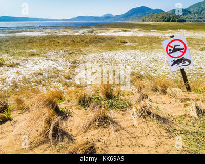 Südafrika, Isimangaliso Wetland Park, Krokodil Warnung und kein Schwimmen anmelden Stockfoto