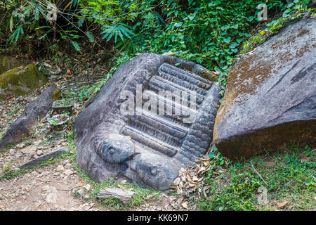 Geschnitzte Schritte möglicherweise für Menschenopfer in den Ruinen der pre-längst vergangene angkorianische Khmer Hindu Tempel von Wat Phou, Champasak, Laos, Südostasien Stockfoto